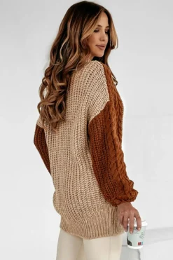 Clearance Dear-Lover Mix Textured Knit Colorblock Patchwork Sweater Khaki