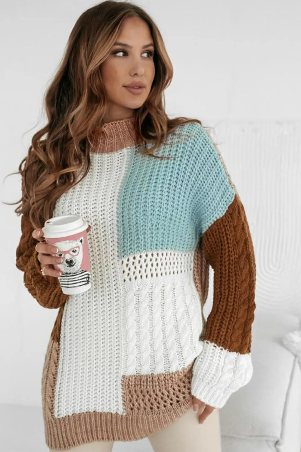 Clearance Dear-Lover Mix Textured Knit Colorblock Patchwork Sweater Khaki