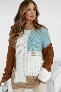 Clearance Dear-Lover Mix Textured Knit Colorblock Patchwork Sweater Khaki