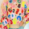 Best Dear-Lover Multicolor Leopard Printed Drop Shoulder Pullover Sweatshirt Khaki