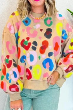 Best Dear-Lover Multicolor Leopard Printed Drop Shoulder Pullover Sweatshirt Khaki