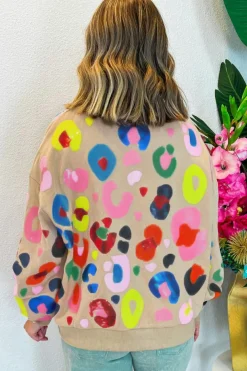 Best Dear-Lover Multicolor Leopard Printed Drop Shoulder Pullover Sweatshirt Khaki