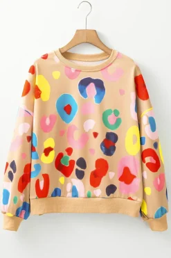 Best Dear-Lover Multicolor Leopard Printed Drop Shoulder Pullover Sweatshirt Khaki