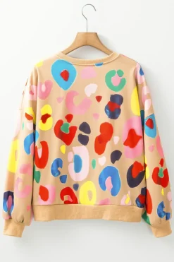 Best Dear-Lover Multicolor Leopard Printed Drop Shoulder Pullover Sweatshirt Khaki