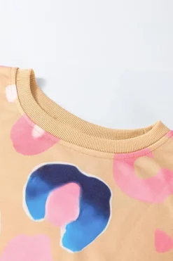 Best Dear-Lover Multicolor Leopard Printed Drop Shoulder Pullover Sweatshirt Khaki