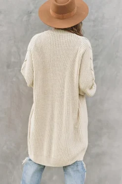 Best Dear-Lover Open Front Cable Sleeve Long Cardigan Khaki