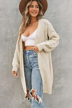 Best Dear-Lover Open Front Cable Sleeve Long Cardigan Khaki