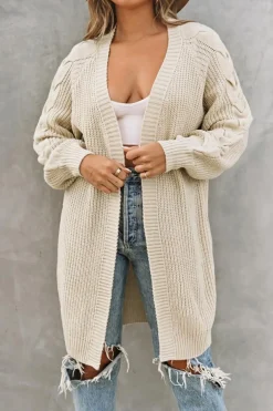 Best Dear-Lover Open Front Cable Sleeve Long Cardigan Khaki