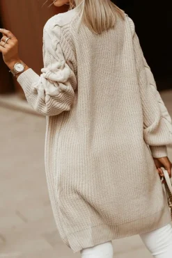 Best Dear-Lover Open Front Cable Sleeve Long Cardigan Khaki