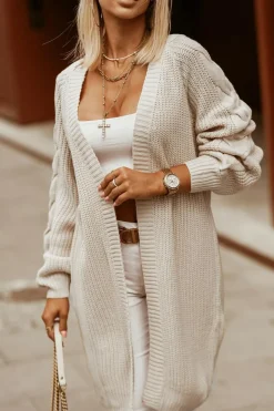 Best Dear-Lover Open Front Cable Sleeve Long Cardigan Khaki