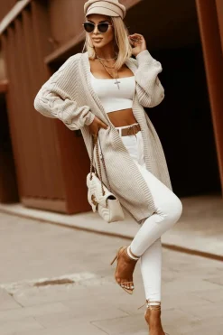 Best Dear-Lover Open Front Cable Sleeve Long Cardigan Khaki