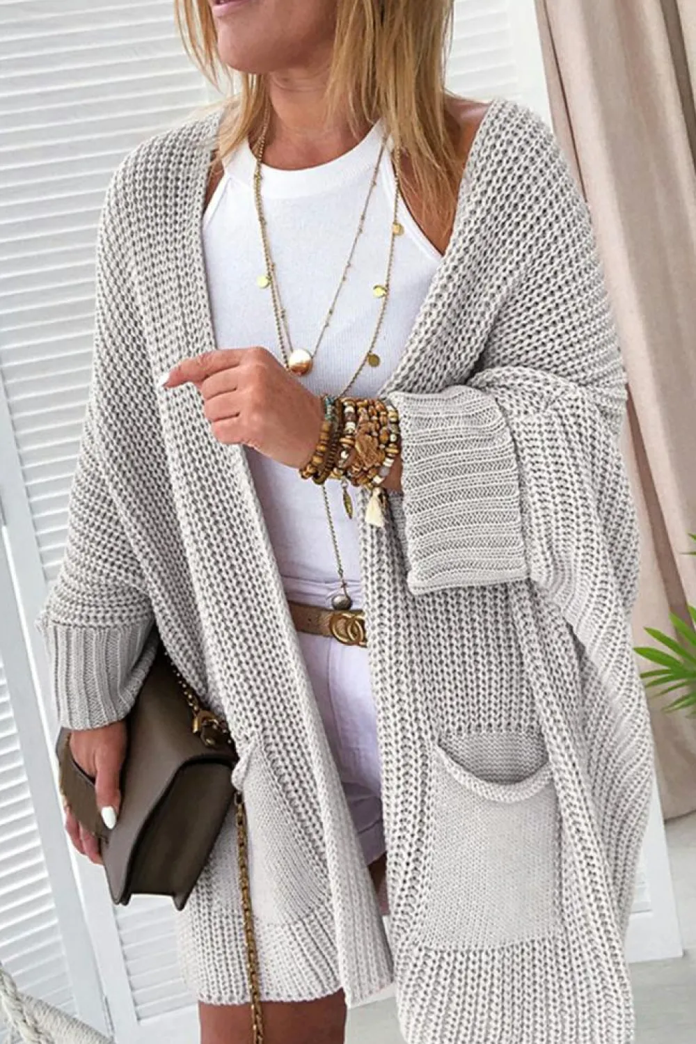 New Dear-Lover Oversized Fold Over Sleeve Open Front Cardigan Khaki