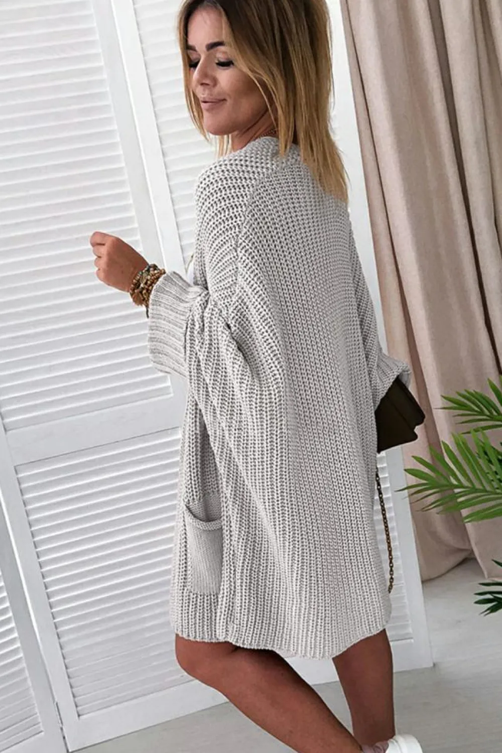 New Dear-Lover Oversized Fold Over Sleeve Open Front Cardigan Khaki