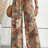 Outlet Dear-Lover Paisley Print Boho Elastic Waist Wide Leg Pants Khaki