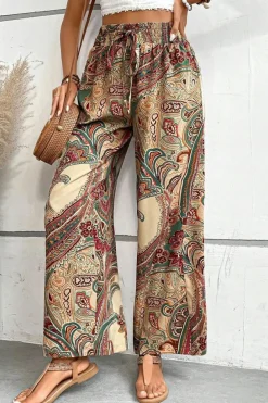 Outlet Dear-Lover Paisley Print Boho Elastic Waist Wide Leg Pants Khaki