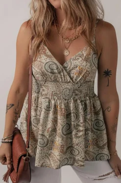 Fashion Dear-Lover Paisley Printed Spaghetti Strap V Neck Smocked Babydoll Tank Top Khaki