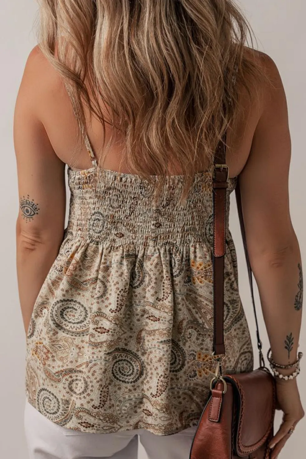 Fashion Dear-Lover Paisley Printed Spaghetti Strap V Neck Smocked Babydoll Tank Top Khaki