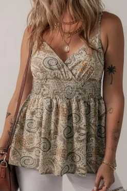 Fashion Dear-Lover Paisley Printed Spaghetti Strap V Neck Smocked Babydoll Tank Top Khaki