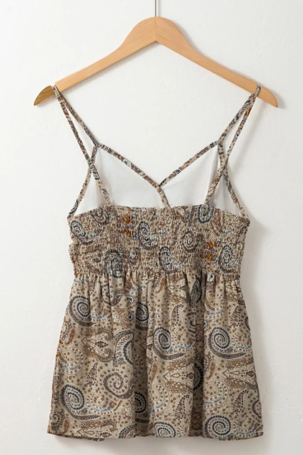 Fashion Dear-Lover Paisley Printed Spaghetti Strap V Neck Smocked Babydoll Tank Top Khaki
