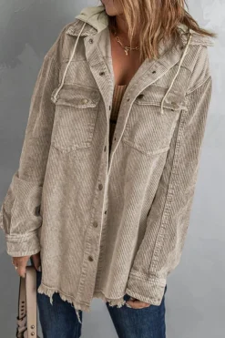 Fashion Dear-Lover Patchwork Hooded Corduroy Shacket Khaki