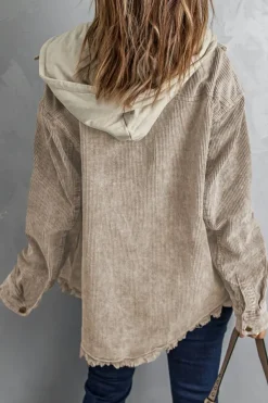Fashion Dear-Lover Patchwork Hooded Corduroy Shacket Khaki