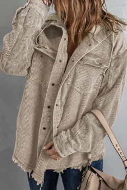 Fashion Dear-Lover Patchwork Hooded Corduroy Shacket Khaki
