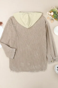 Fashion Dear-Lover Patchwork Hooded Corduroy Shacket Khaki