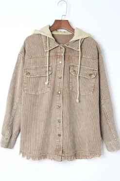 Fashion Dear-Lover Patchwork Hooded Corduroy Shacket Khaki