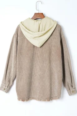 Fashion Dear-Lover Patchwork Hooded Corduroy Shacket Khaki