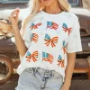 New Dear-Lover Patriotic Flag Bow Graphic Starry Round Neck T Shirt Khaki