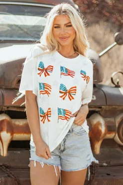 New Dear-Lover Patriotic Flag Bow Graphic Starry Round Neck T Shirt Khaki
