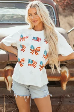 New Dear-Lover Patriotic Flag Bow Graphic Starry Round Neck T Shirt Khaki