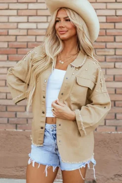 New Dear-Lover Pearl Beaded Raw Hem Button Up Denim Jacket Khaki