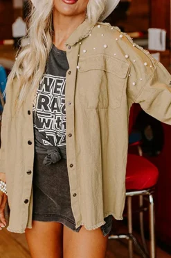 New Dear-Lover Pearl Beaded Raw Hem Button Up Denim Jacket Khaki