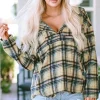 Fashion Dear-Lover Plaid Button Neck Pocketed Pullover Hoodie Khaki
