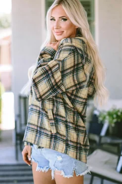 Fashion Dear-Lover Plaid Button Neck Pocketed Pullover Hoodie Khaki