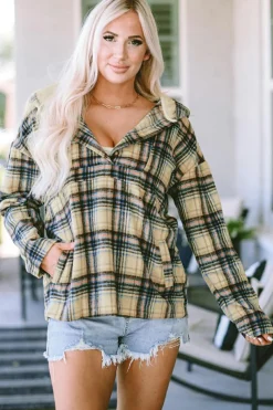 Fashion Dear-Lover Plaid Button Neck Pocketed Pullover Hoodie Khaki