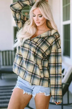 Fashion Dear-Lover Plaid Button Neck Pocketed Pullover Hoodie Khaki