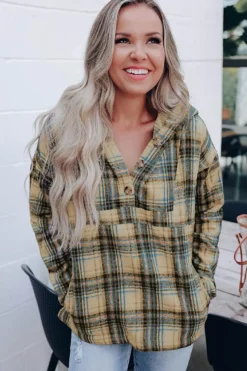 Fashion Dear-Lover Plaid Button Neck Pocketed Pullover Hoodie Khaki