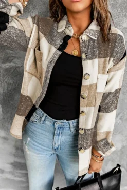 Online Dear-Lover Plaid Color Block Buttoned Long Sleeve Jacket with Pocket Khaki