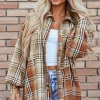 Best Dear-Lover Plaid Colorblock Patchwork High Low Shacket Khaki