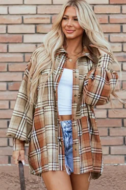Best Dear-Lover Plaid Colorblock Patchwork High Low Shacket Khaki