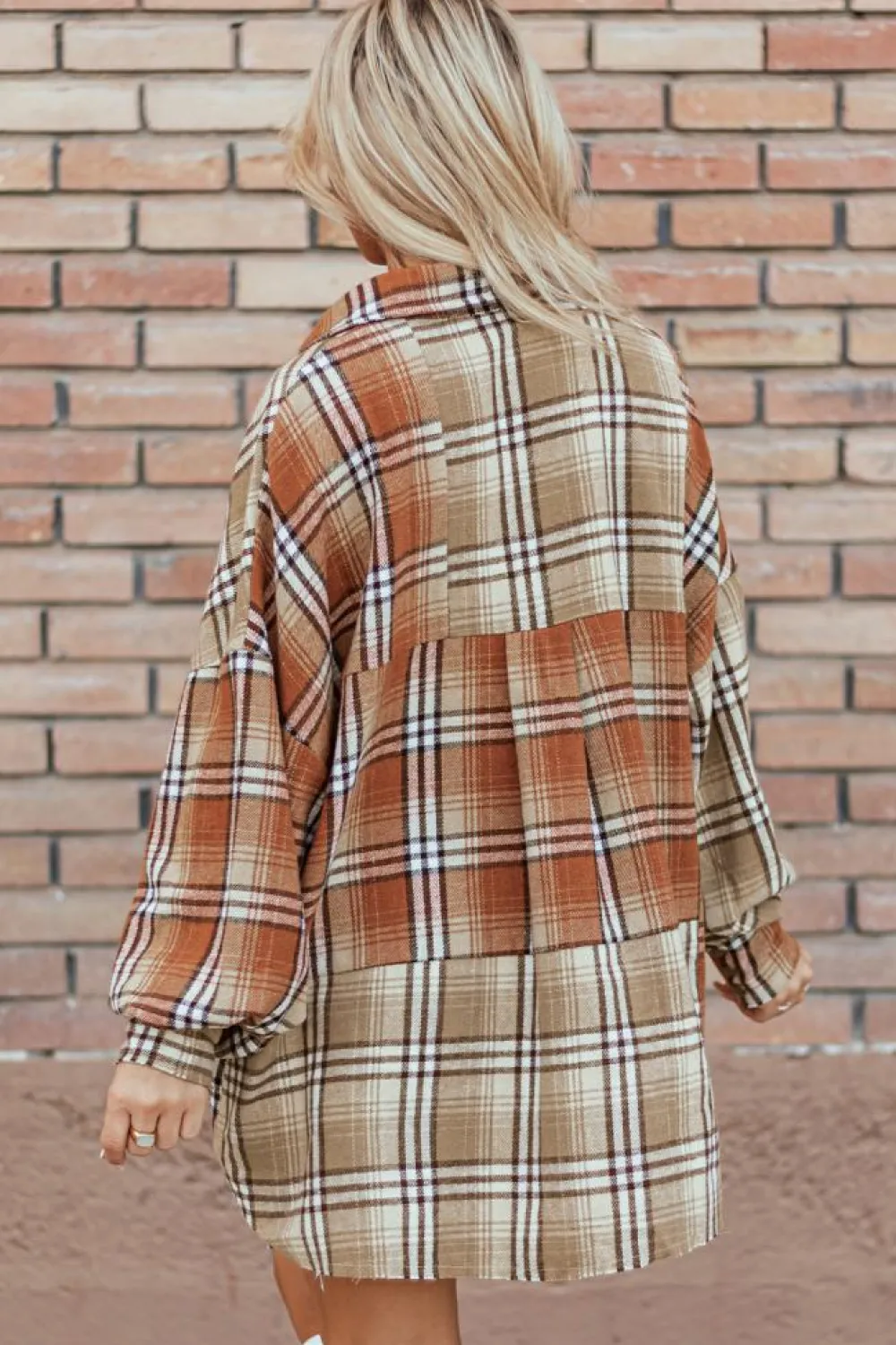 Best Dear-Lover Plaid Colorblock Patchwork High Low Shacket Khaki