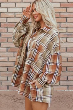Best Dear-Lover Plaid Colorblock Patchwork High Low Shacket Khaki