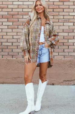 Best Dear-Lover Plaid Colorblock Patchwork High Low Shacket Khaki