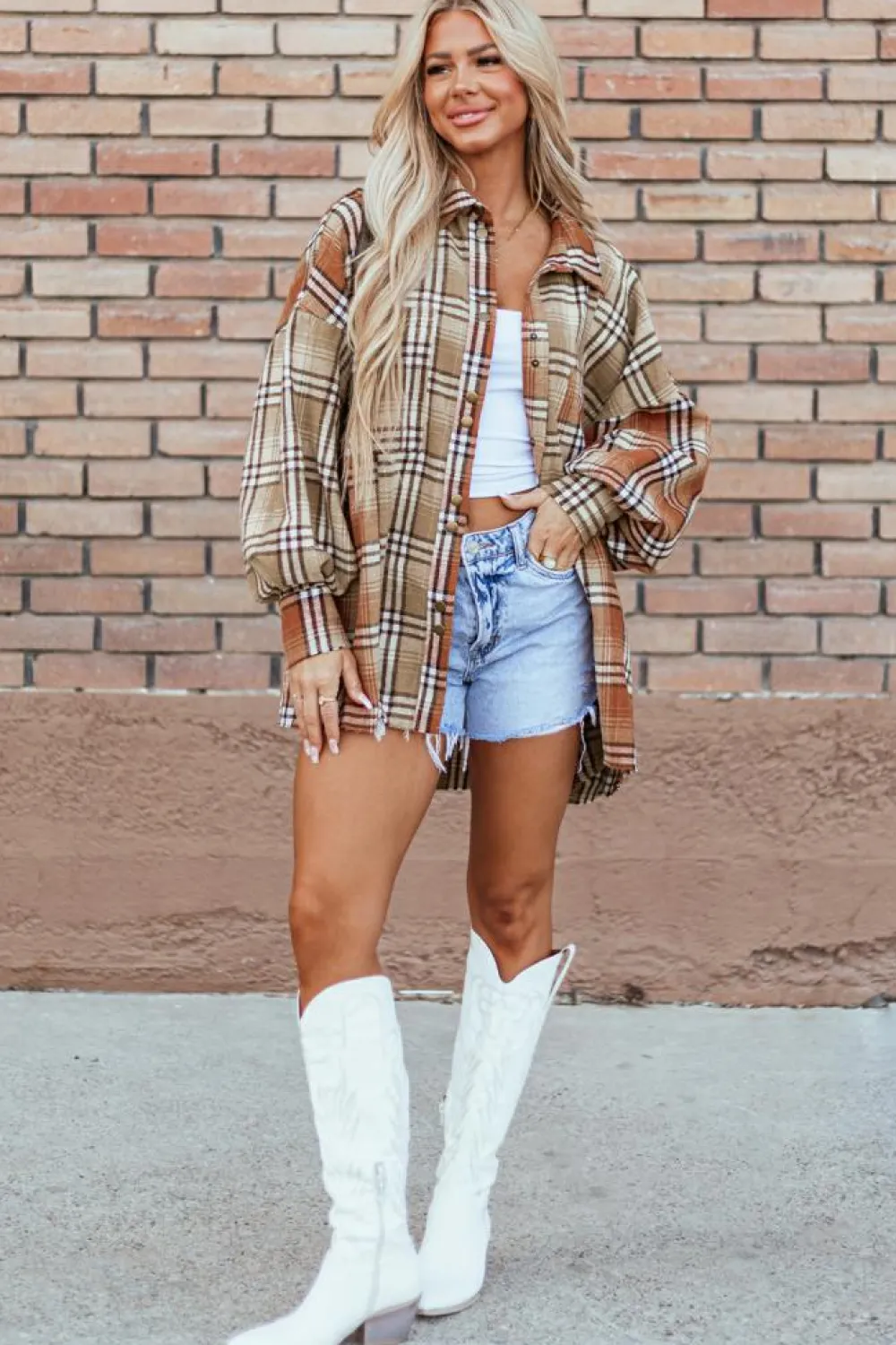 Best Dear-Lover Plaid Colorblock Patchwork High Low Shacket Khaki