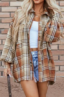 Best Dear-Lover Plaid Colorblock Patchwork High Low Shacket Khaki