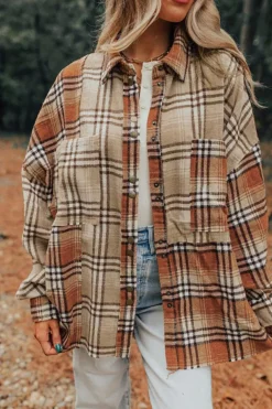 Best Dear-Lover Plaid Colorblock Patchwork High Low Shacket Khaki