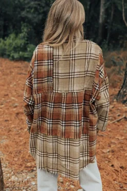Best Dear-Lover Plaid Colorblock Patchwork High Low Shacket Khaki