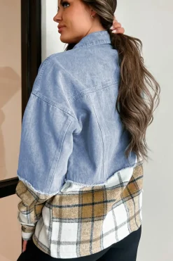 Sale Dear-Lover Plaid Patchwork Buttoned Oversized Denim Jacket Khaki